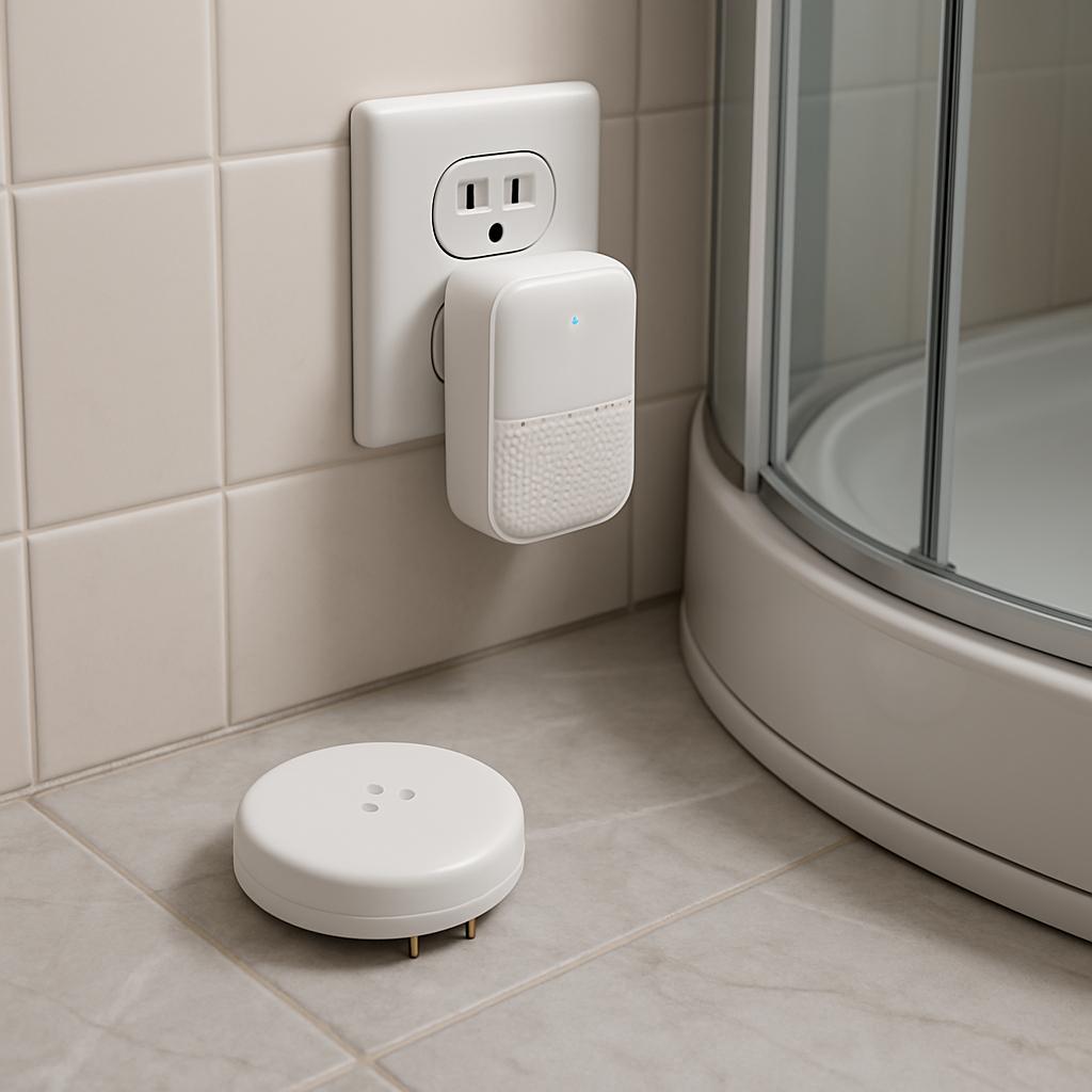 На полу ванной и рядом с душевой кабинкой На полу ванной и рядом с душевой кабинкой